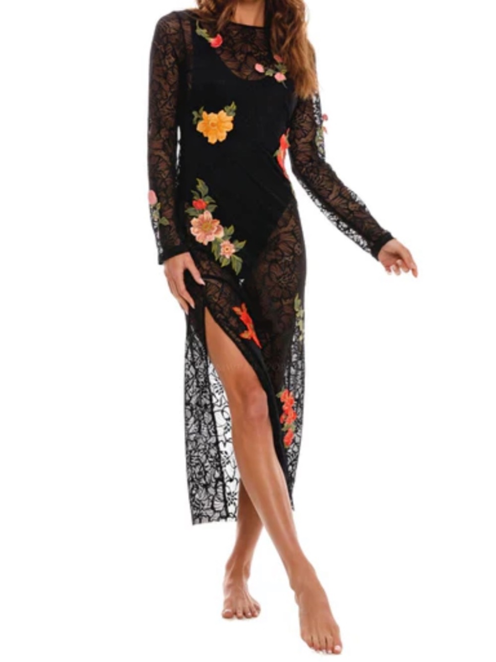 AGUA BENDITA Sz L Belen Slit Midi Dress Black Lace Semi Sheer Floral Embroidery。